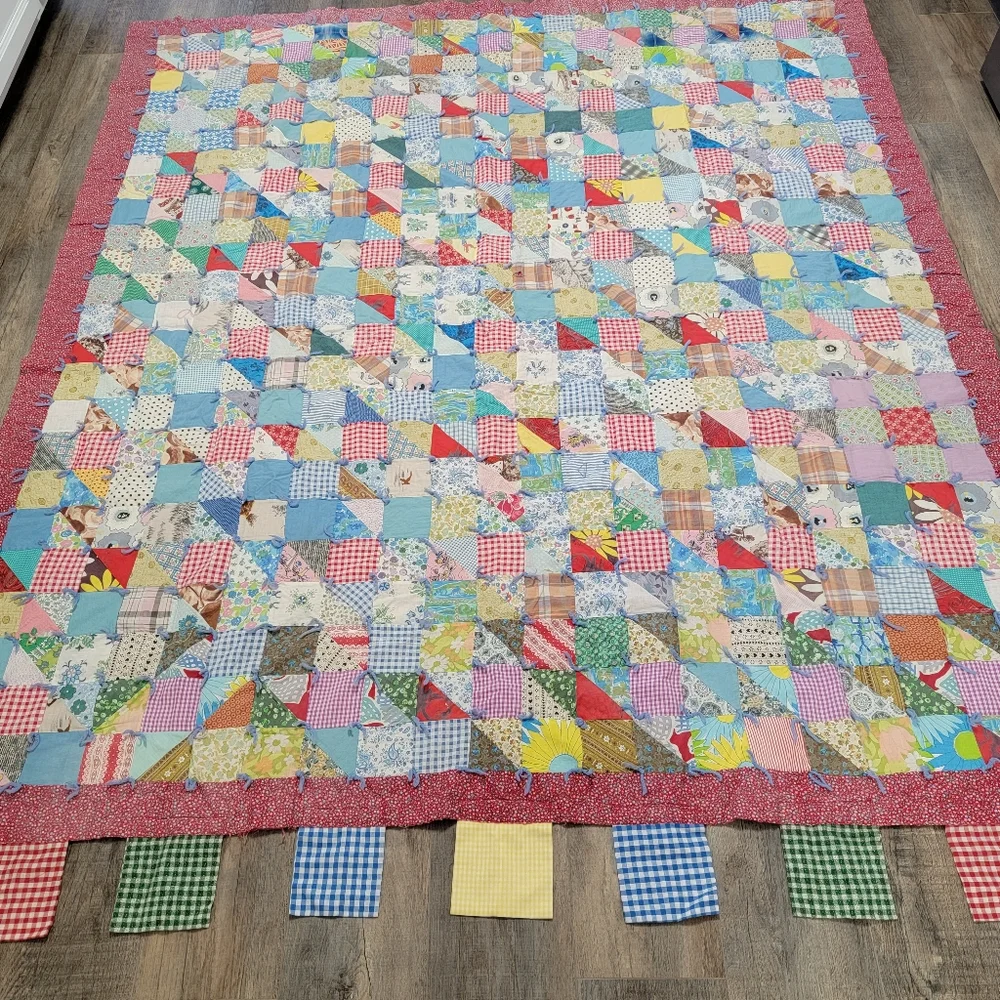 Patchwork Quilt Vintage HandMade Tied Pink Colorful Gingham Hand Applied Binding